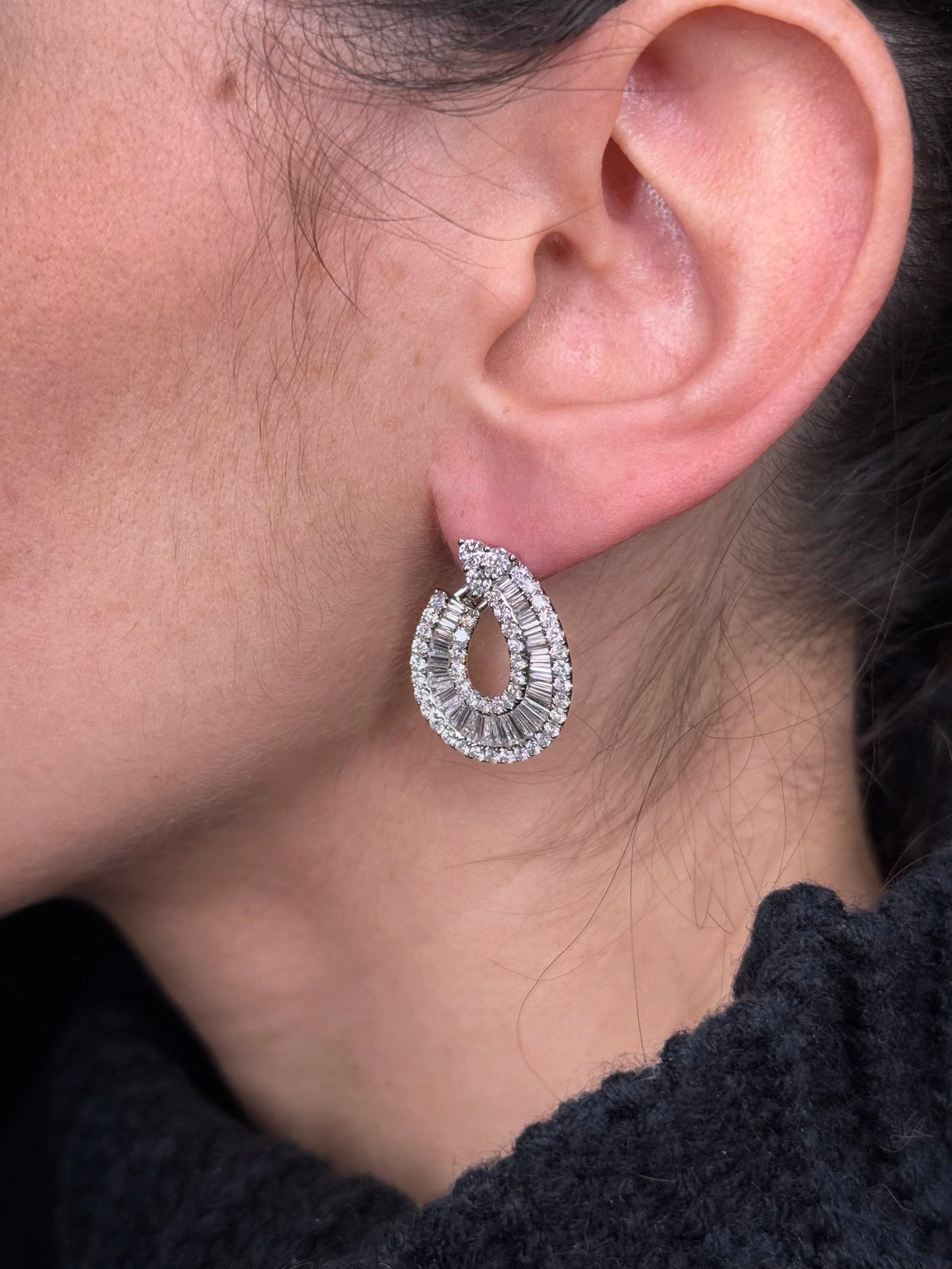 Ladies Thick Frontal Baguette and Round Diamond Earrings