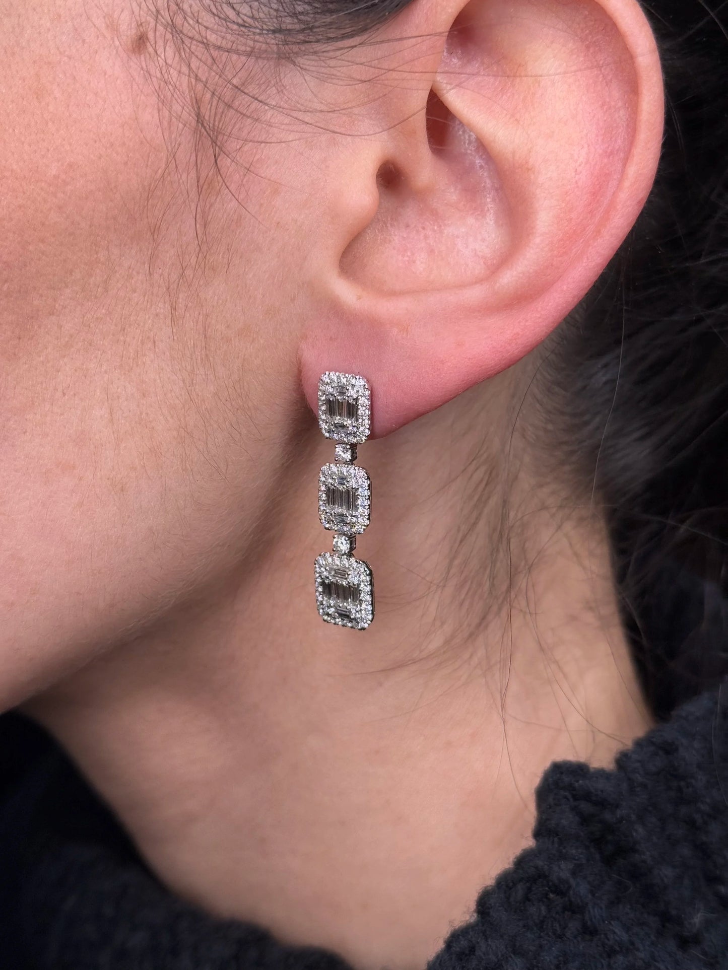 Ladies Ascending Round and Baguette Diamond Earrings