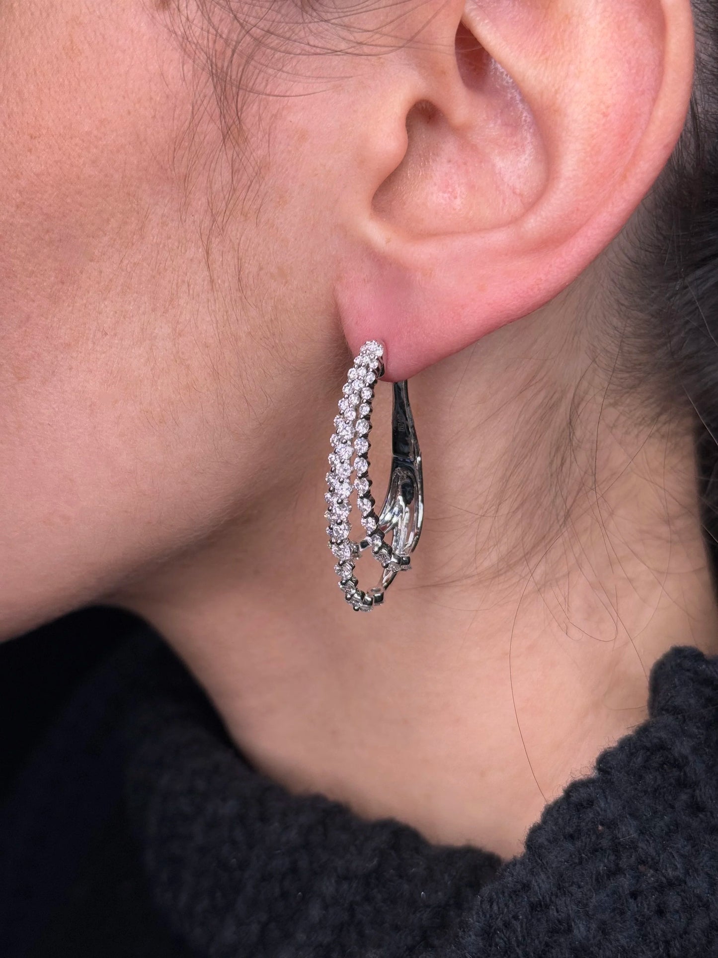 Ladies Oval Three Row Diamond Earrings