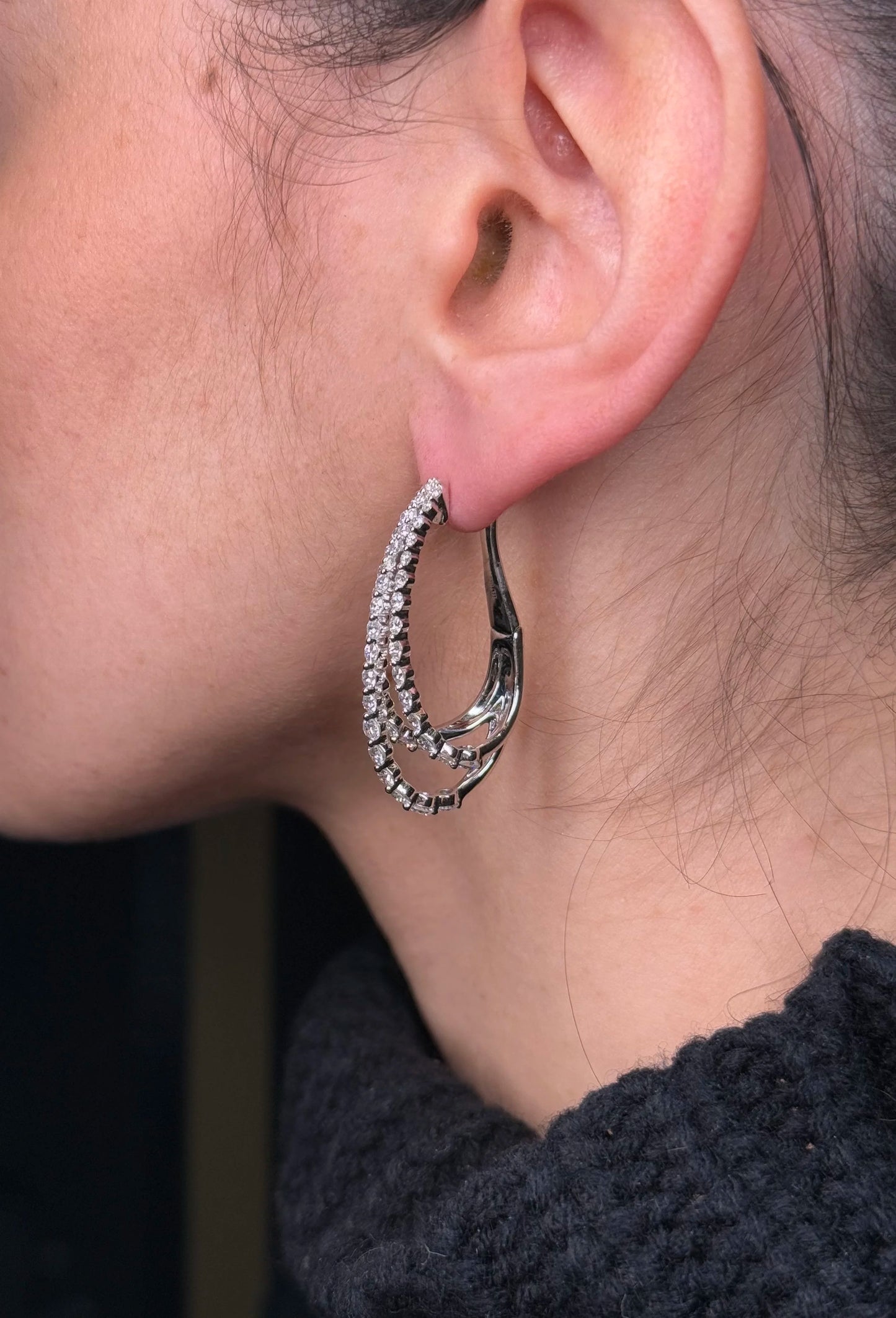 Ladies Oval Three Row Diamond Earrings