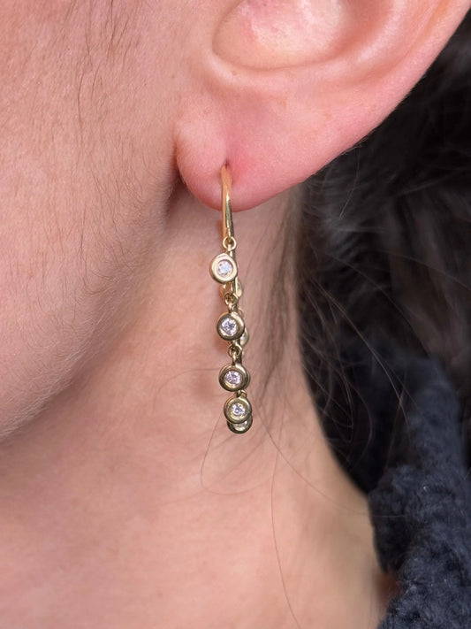 Ladies Round Diamond Bezel Set Dangling Hoops