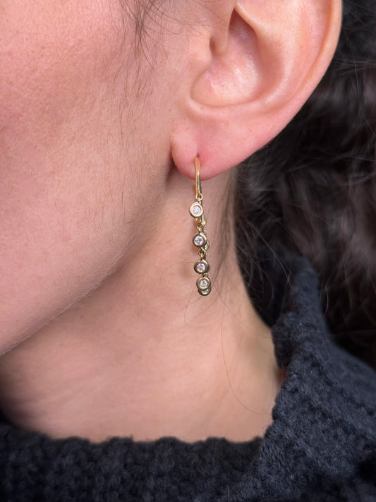 Ladies Round Diamond Bezel Set Dangling Hoops