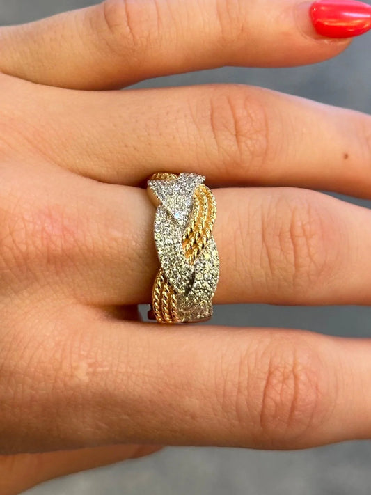 Ladies Intertwined Gold Ball and Round Diamond Ring