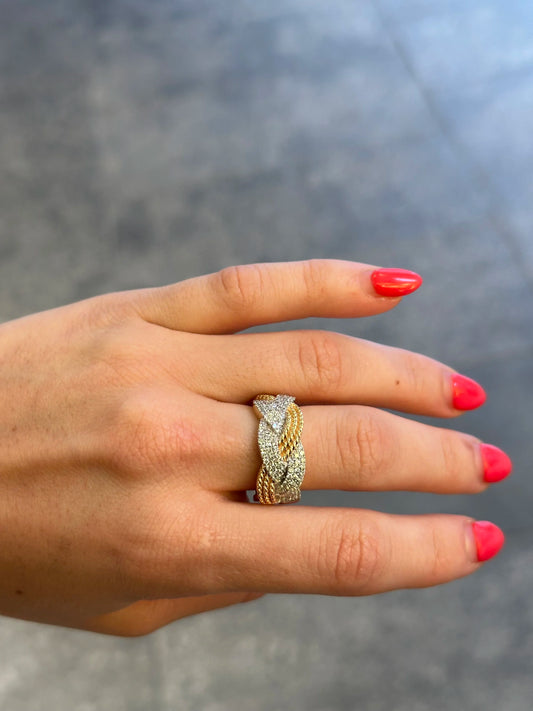 Ladies Intertwined Gold Ball and Round Diamond Ring