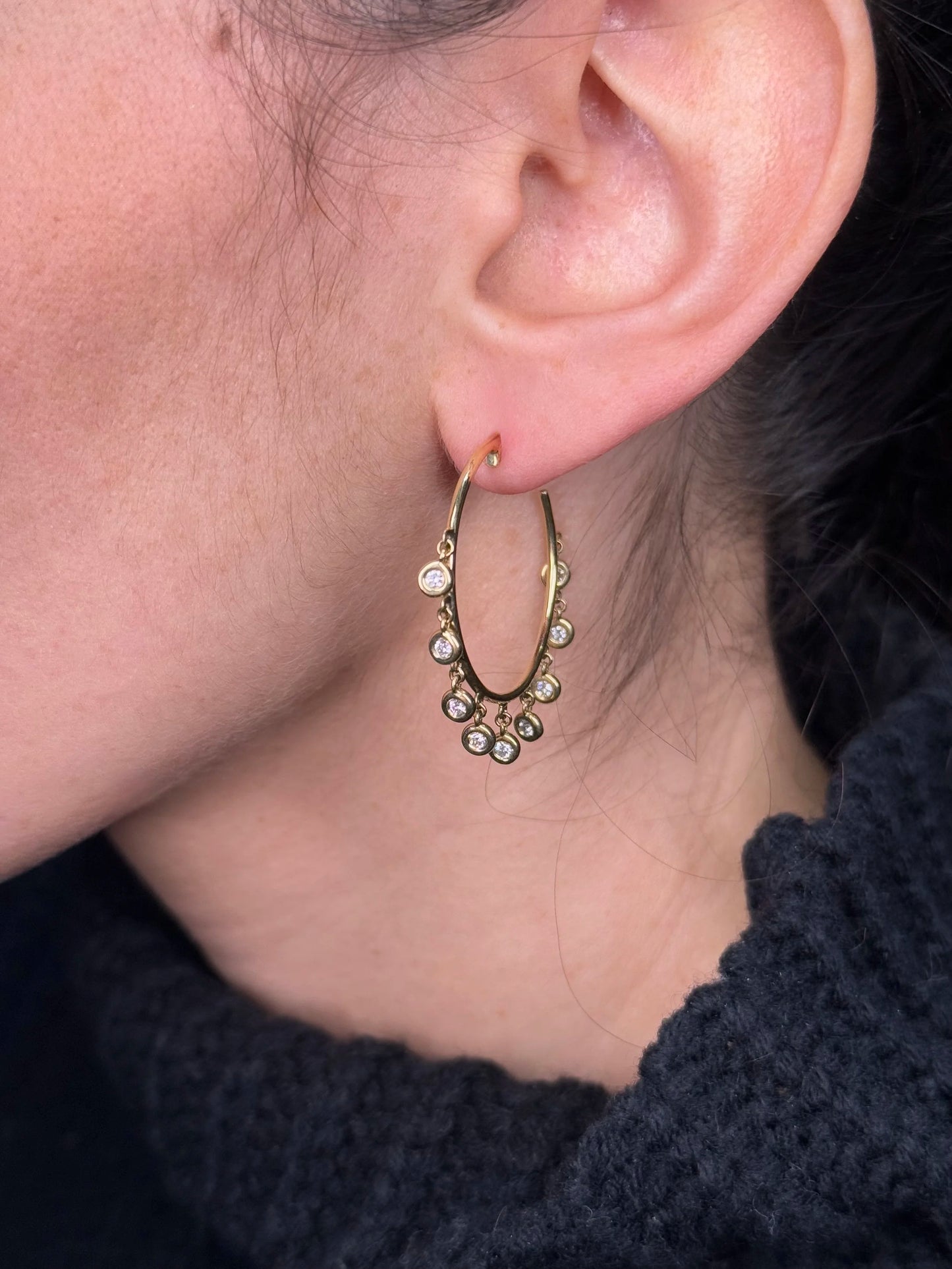 Ladies Round Diamond Bezel Set Dangling Hoops