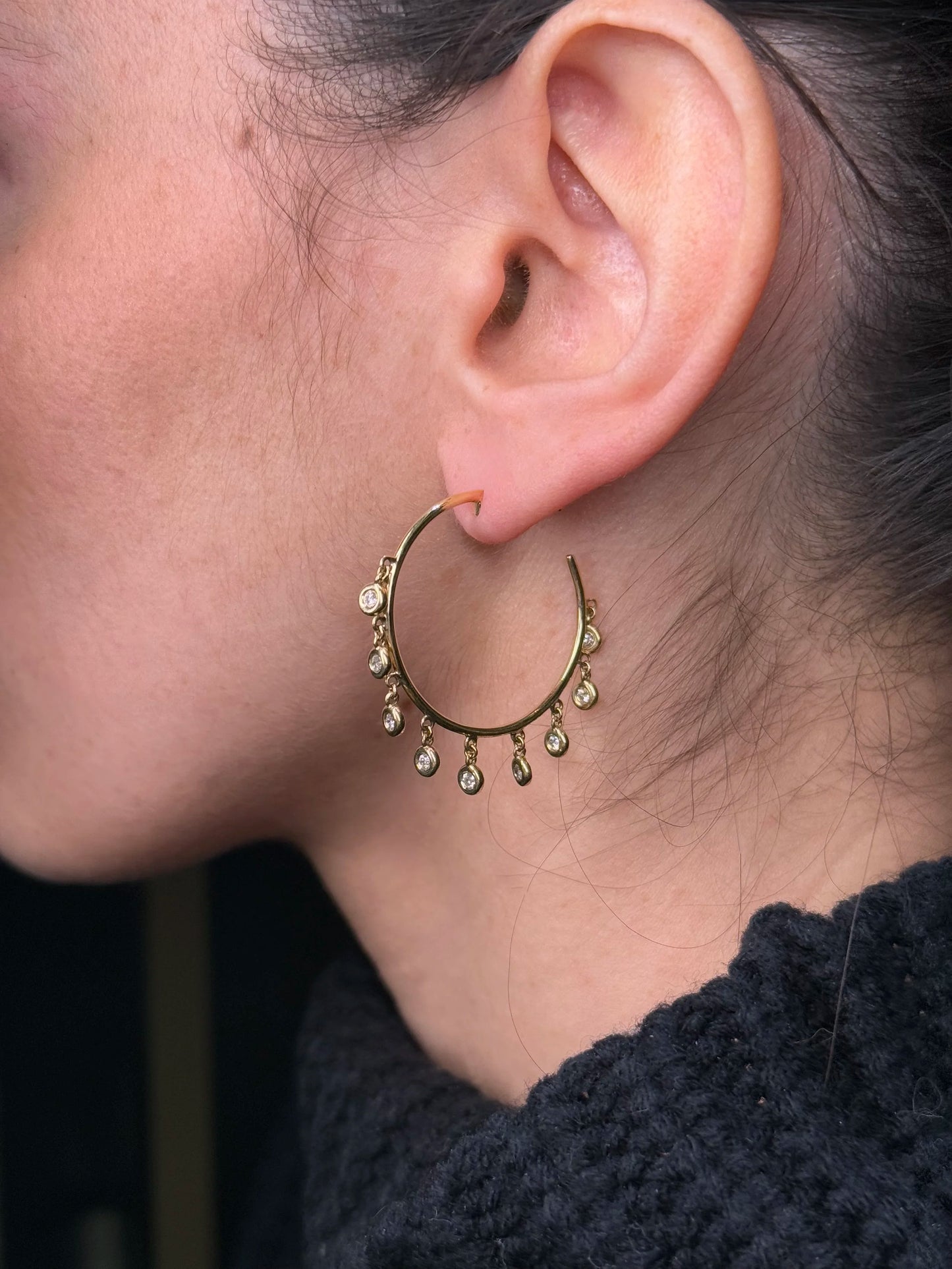 Ladies Round Diamond Bezel Set Dangling Hoops