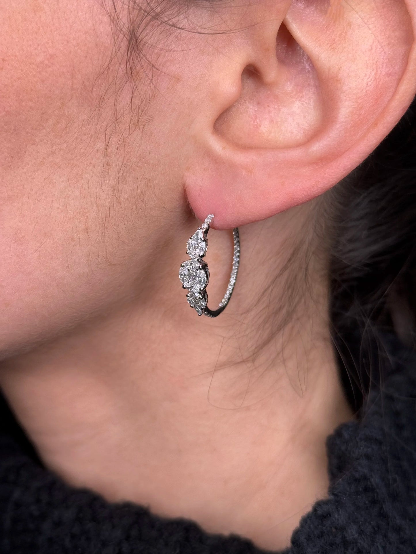 Ladies Pear and Round Cluster Diamond Hoops
