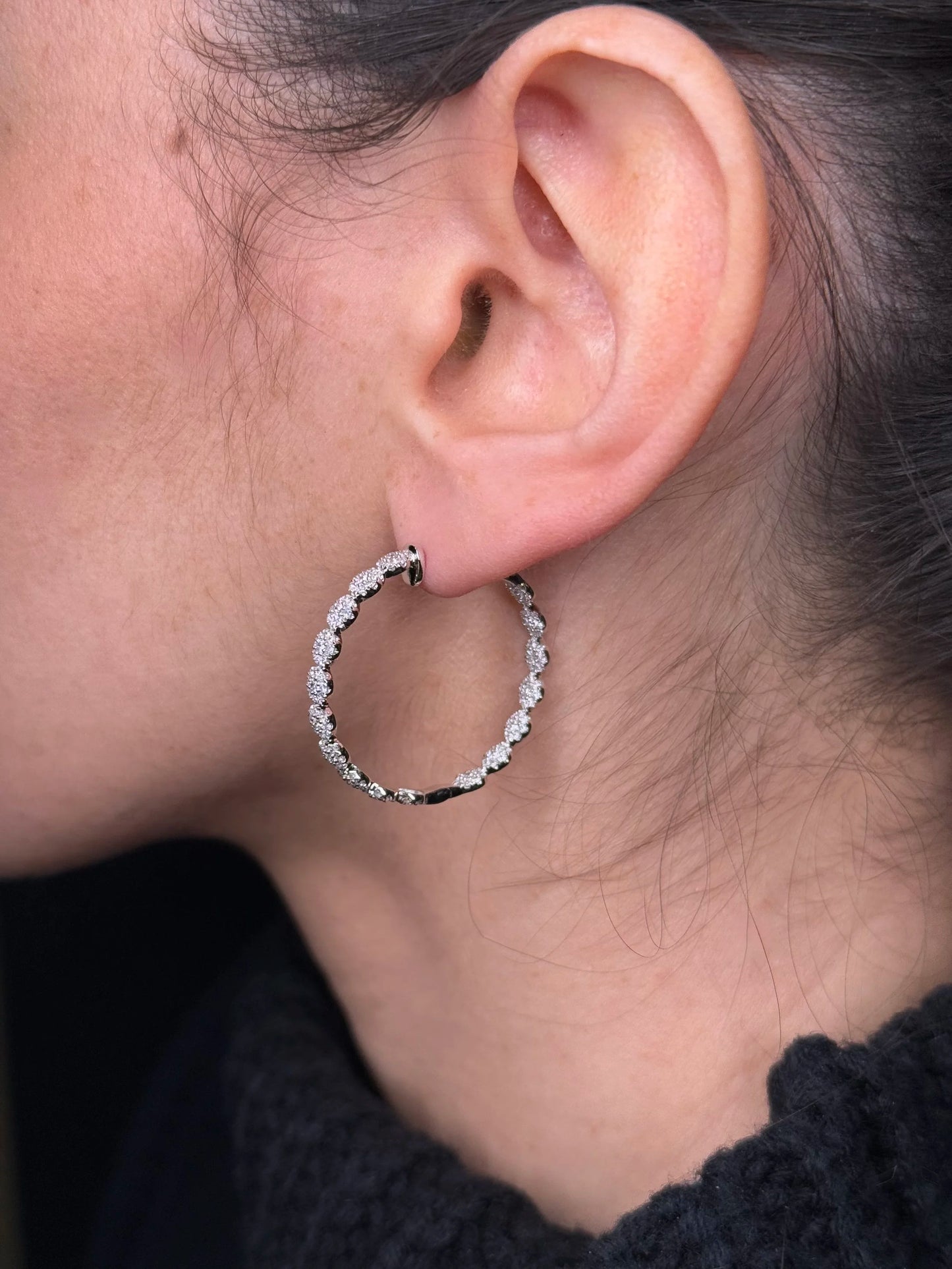Ladies Pave Set Cluster Diamond Hoops