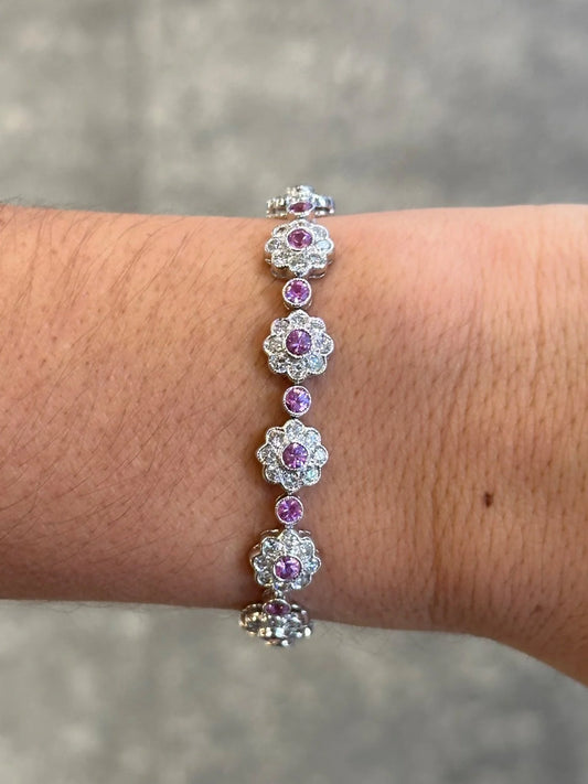 Ladies Pink Sapphire and Diamond Flower Bracelet