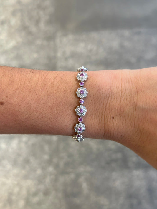 Ladies Pink Sapphire and Diamond Flower Bracelet