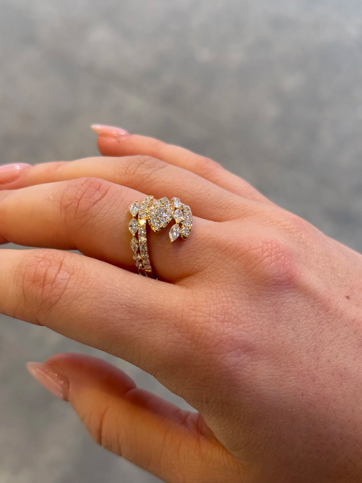 Ladies Yellow Gold Two Row Round and Marquise Diamond Ring