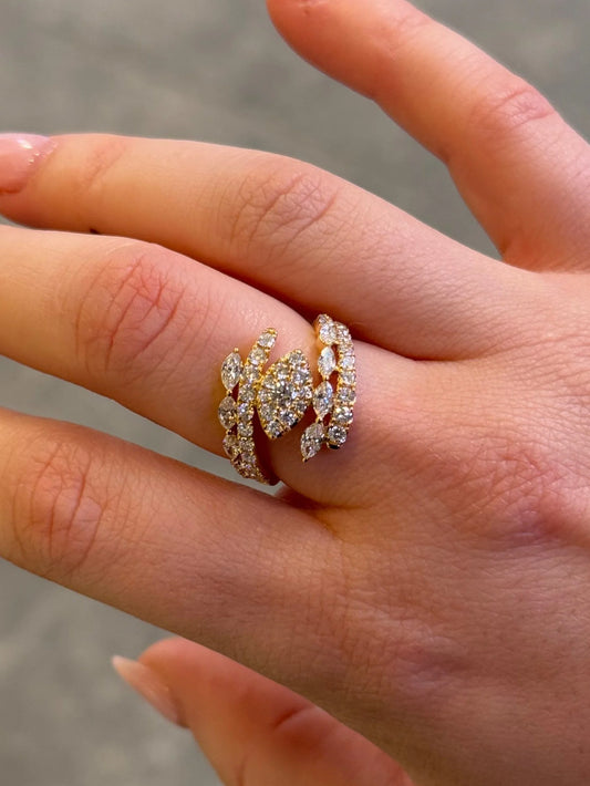 Ladies Yellow Gold Two Row Round and Marquise Diamond Ring