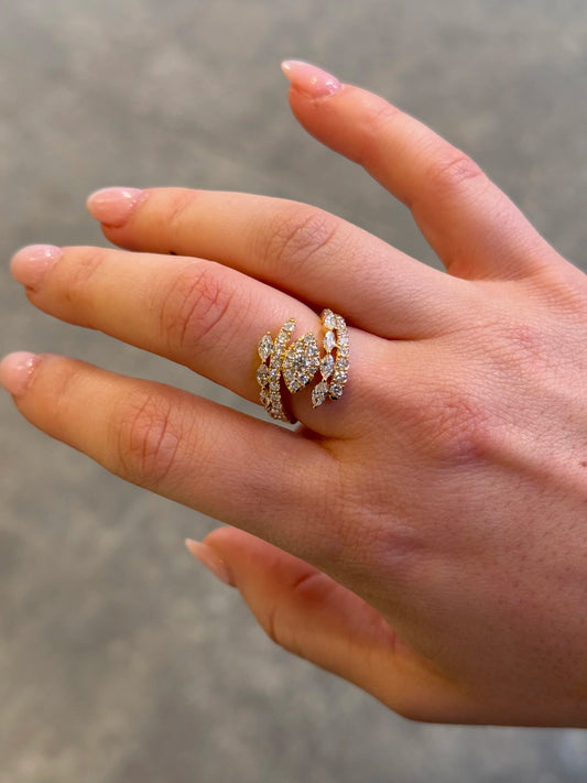 Ladies Yellow Gold Two Row Round and Marquise Diamond Ring