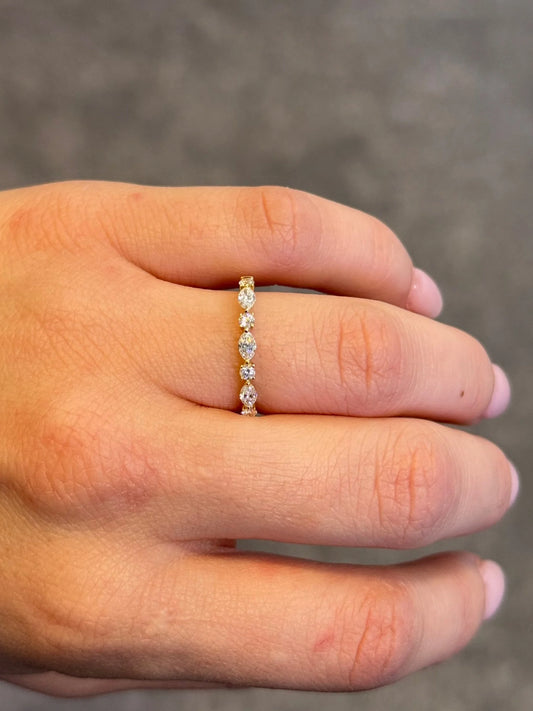 Ladies Yellow Gold Alternating Marquise and Round Diamond Wedding Band