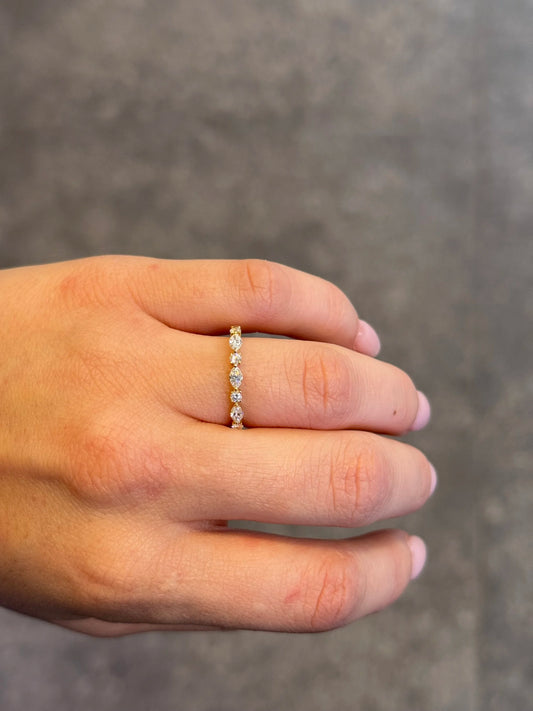 Ladies Yellow Gold Alternating Marquise and Round Diamond Wedding Band