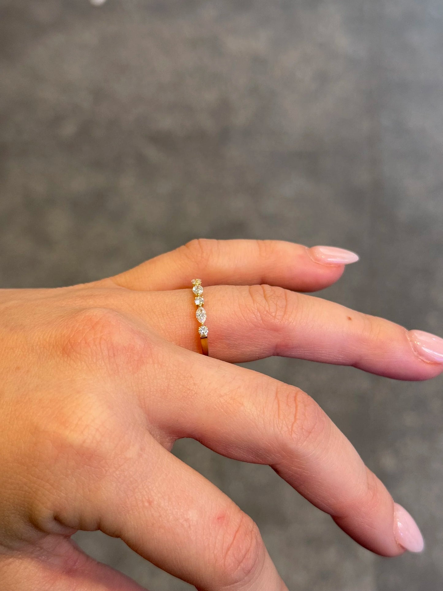 Ladies Yellow Gold Alternating Marquise and Round Diamond Wedding Band