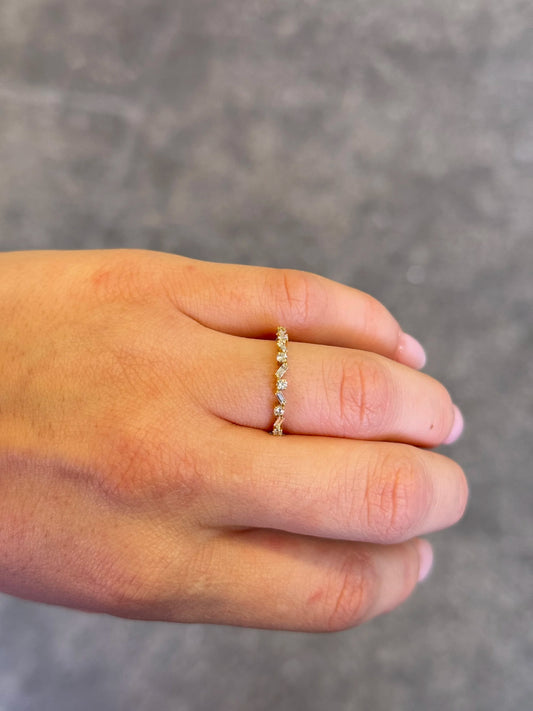 Ladies Yellow Gold Round and Baguette Diamond Wedding Band