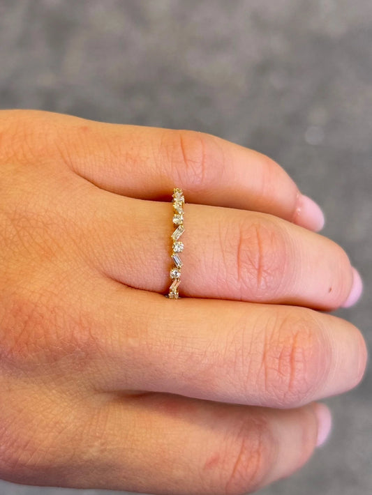 Ladies Yellow Gold Round and Baguette Diamond Wedding Band