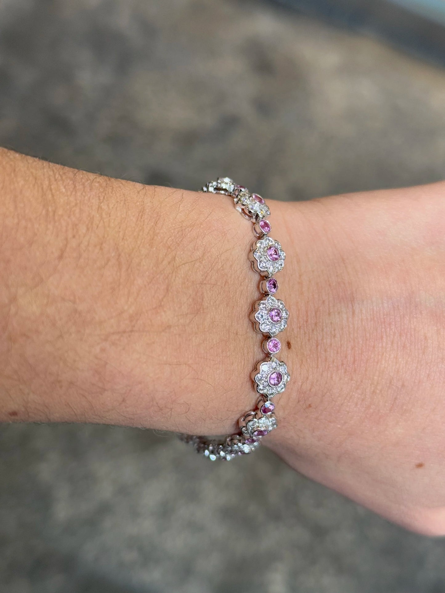 Ladies Pink Sapphire and Diamond Flower Bracelet