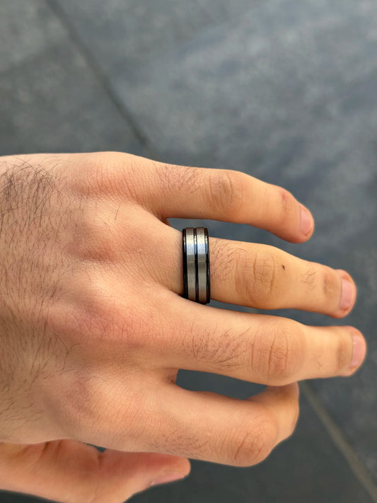 Men's Alternating Black and Silver Wedding Band