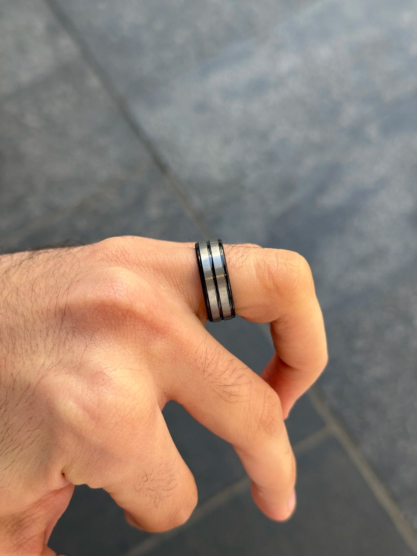 Men's Alternating Black and Silver Wedding Band