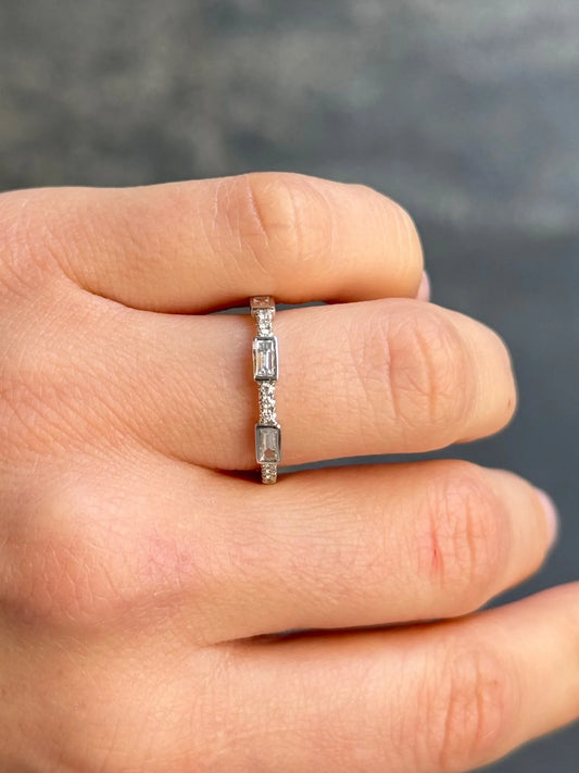 Ladies White Gold Round and Bezel Baguette Diamond Wedding Band