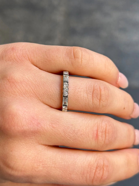 Ladies White Gold Round and Baguette Diamond Wedding Band