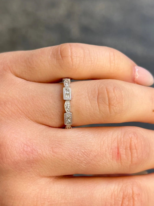 Ladies White Gold Milgrain Marquise and Emerald Cluster Wedding Band