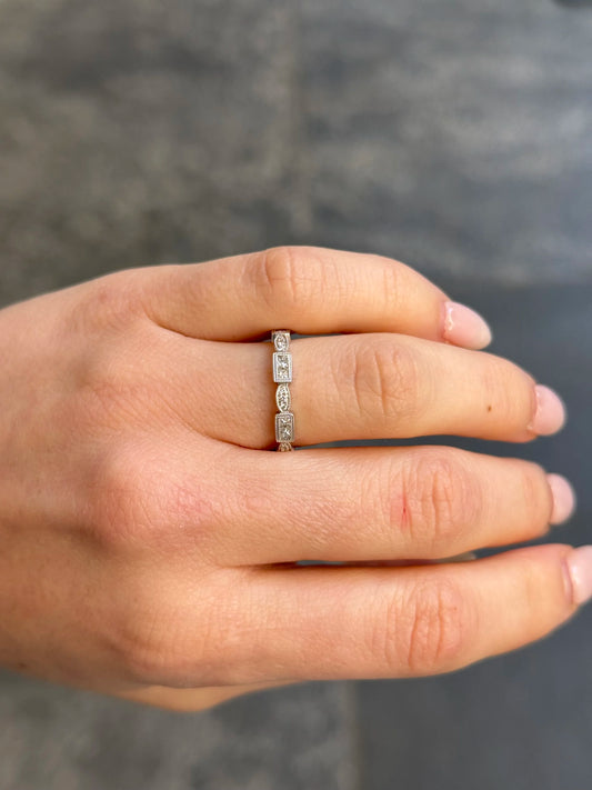 Ladies White Gold Milgrain Marquise and Emerald Cluster Wedding Band