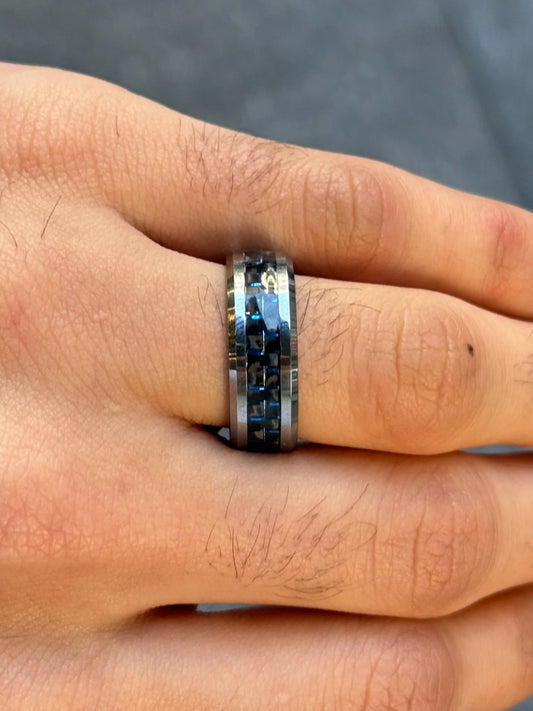 Men's Black and Blue With Grey Outside Wedding Band
