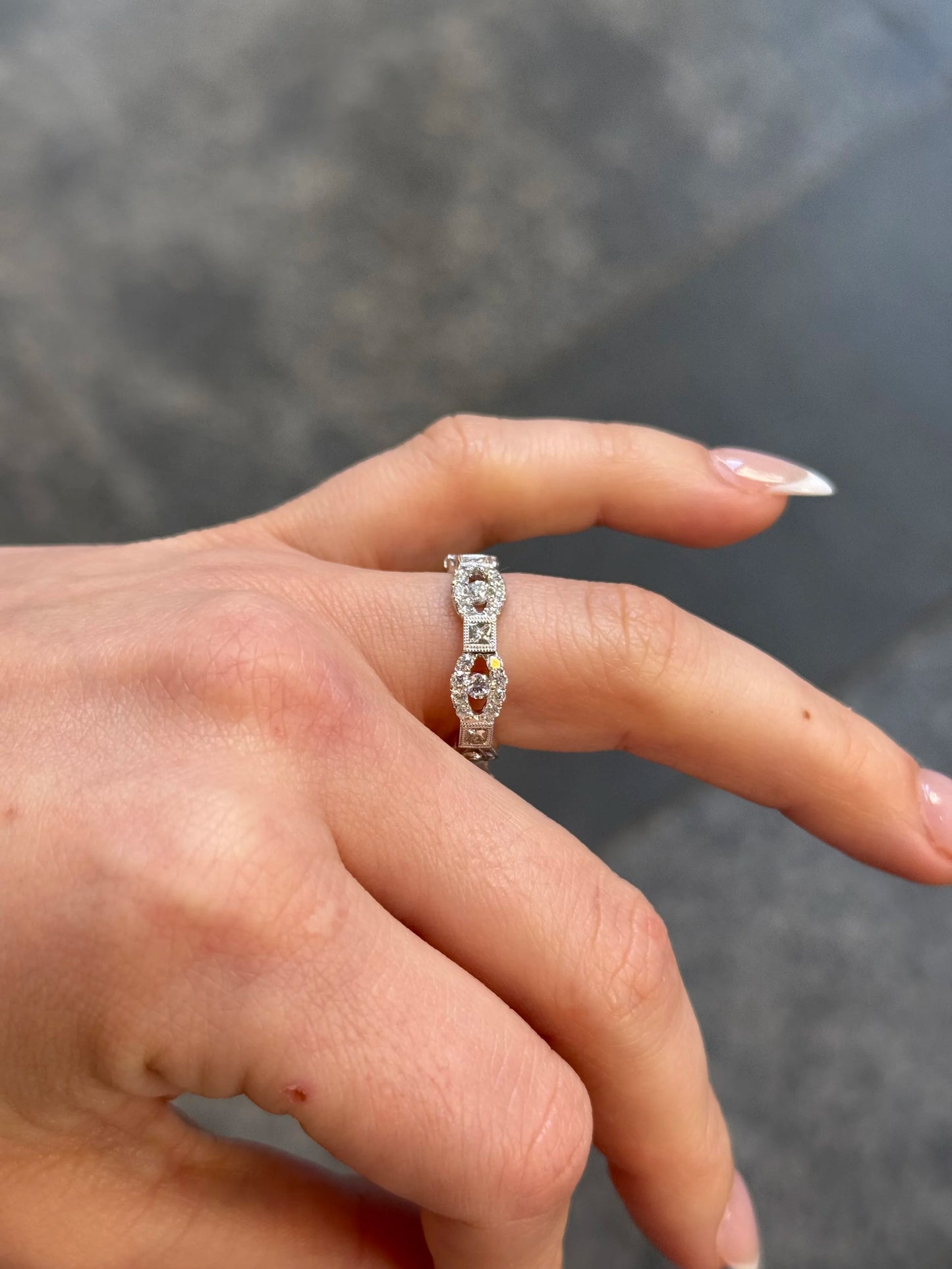 Ladies Milgrain Round and Princess Diamond Wedding Band