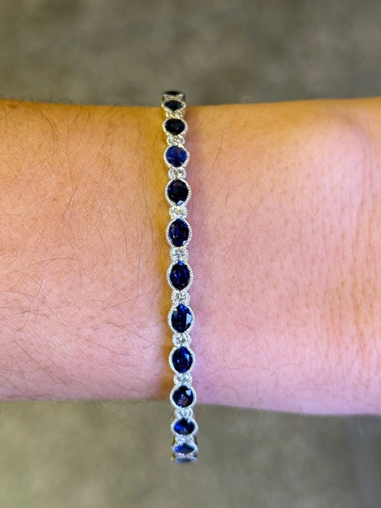 Ladies Alternating Round Diamond and Sapphire Bangle with Milgrain Style