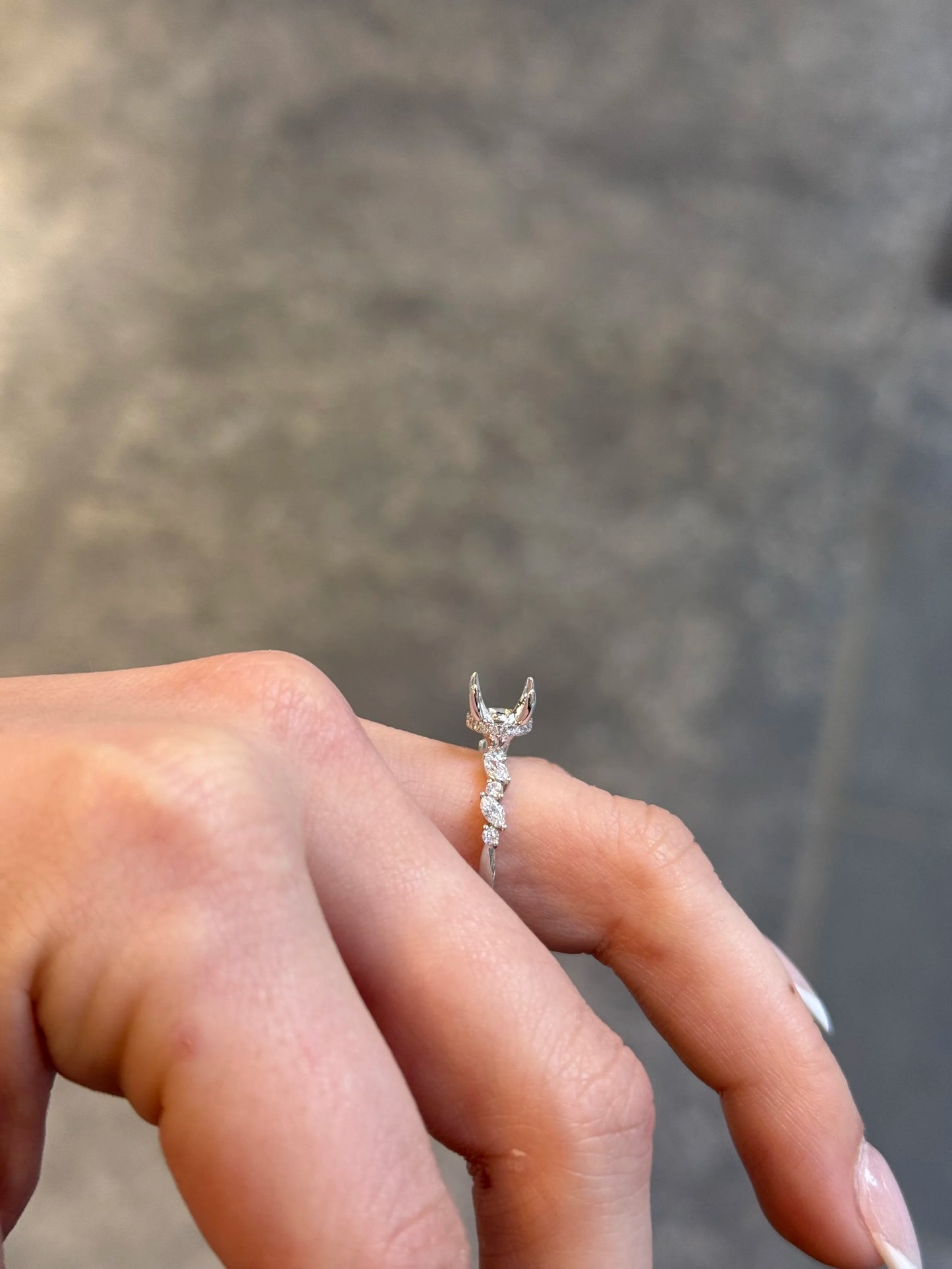 Ladies White Gold Under Halo and Side Round and Marquise Diamond Engagement Ring