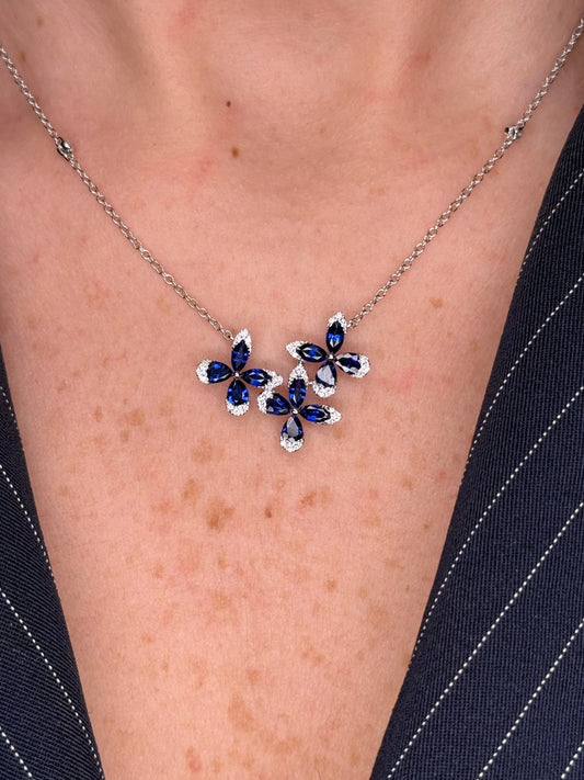 Ladies Triple Sapphire and Diamond Flower Pendant