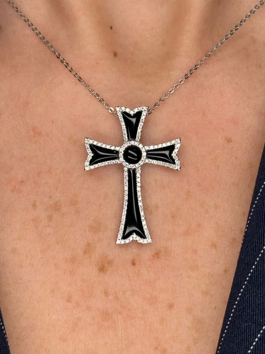 Ladies Large Black Onyx and Diamond Cross