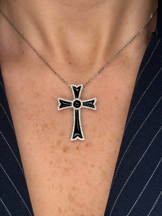 Ladies Large Black Onyx and Diamond Cross