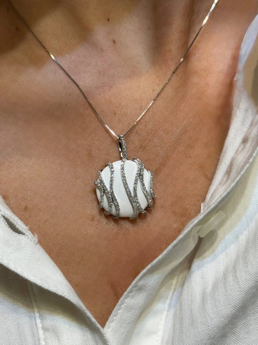 Ladies White Onyx Pendant with Round Diamonds