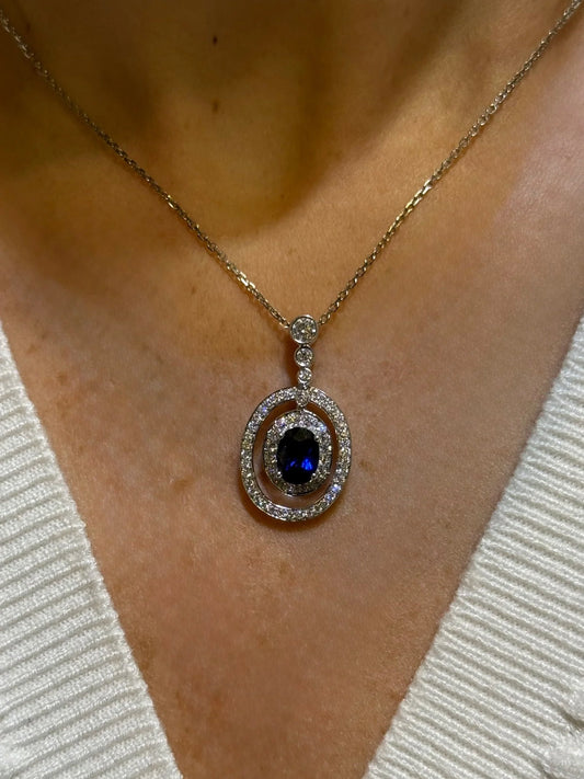 Ladies Halo Oval Sapphire Pendant