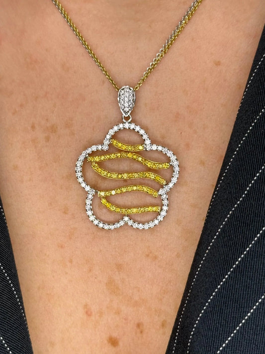 Ladies Double Chain Two Tone Yellow and Round Diamond Pendant