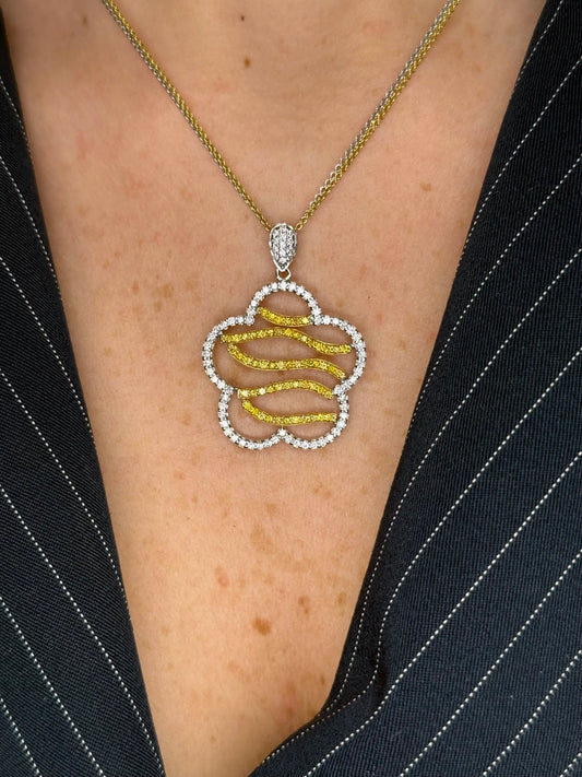 Ladies Double Chain Two Tone Yellow and Round Diamond Pendant