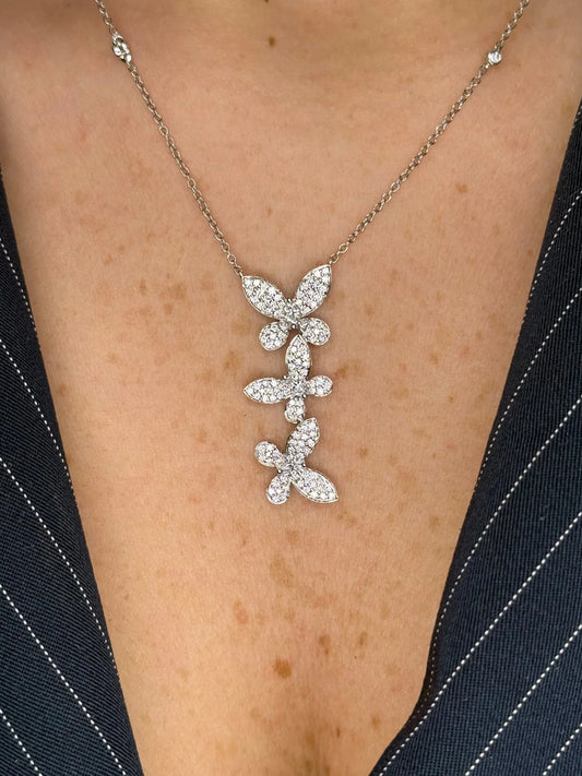 Ladies Three Pave Set Butterfly Necklace