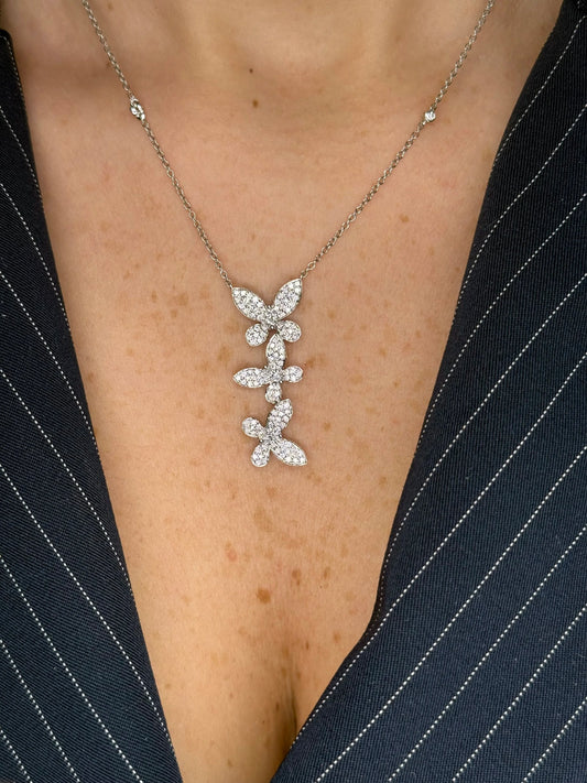 Ladies Three Pave Set Butterfly Necklace