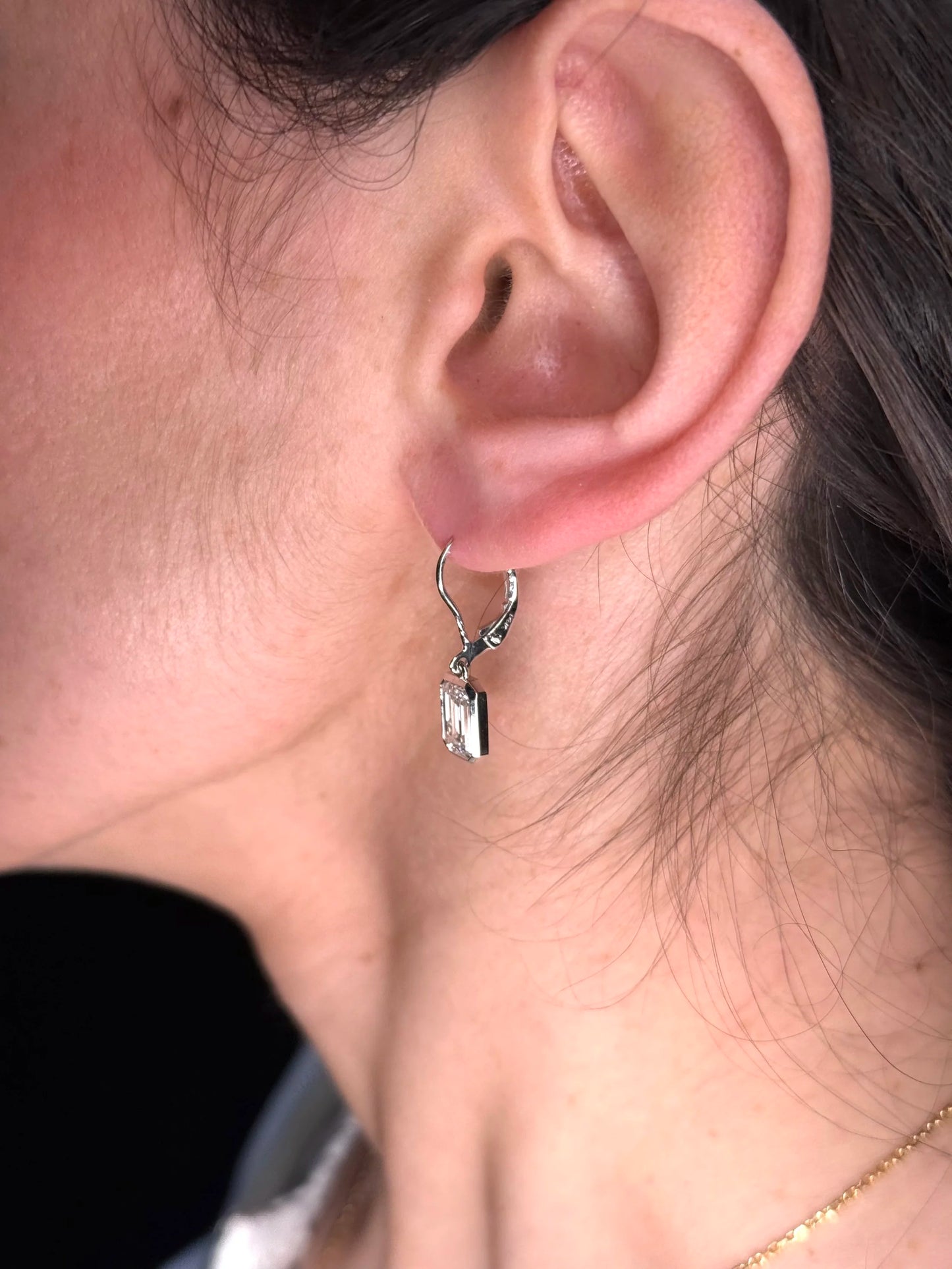 Ladies Dangling Bezel Set Emerald Lab Grown Earring