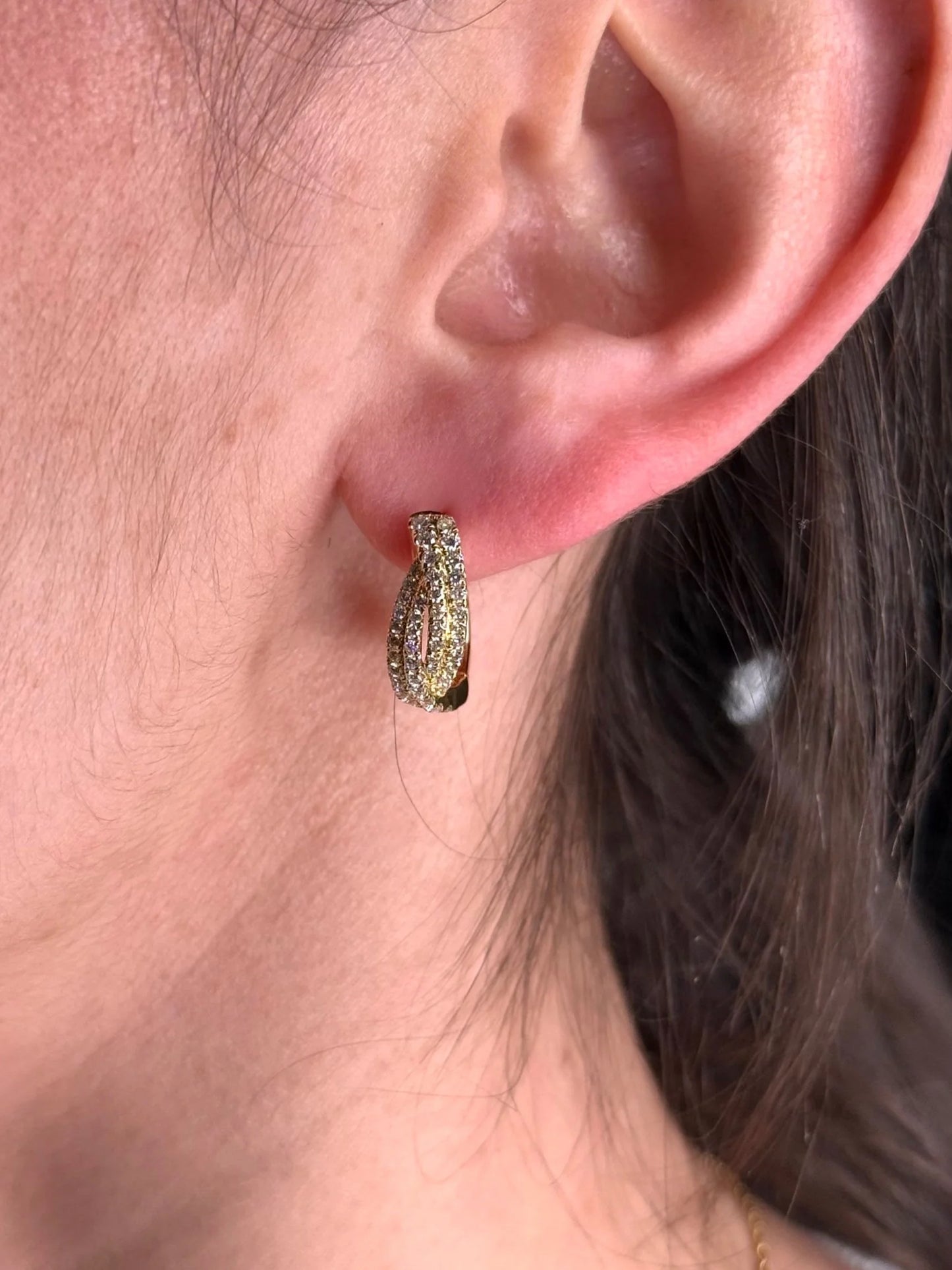 Ladies Yellow Gold Pave Set Twist Diamond Huggie