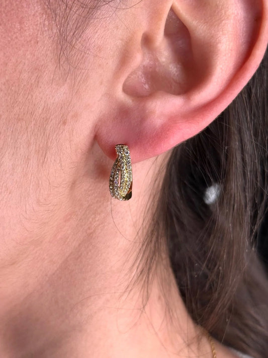 Ladies Yellow Gold Pave Set Twist Diamond Huggie