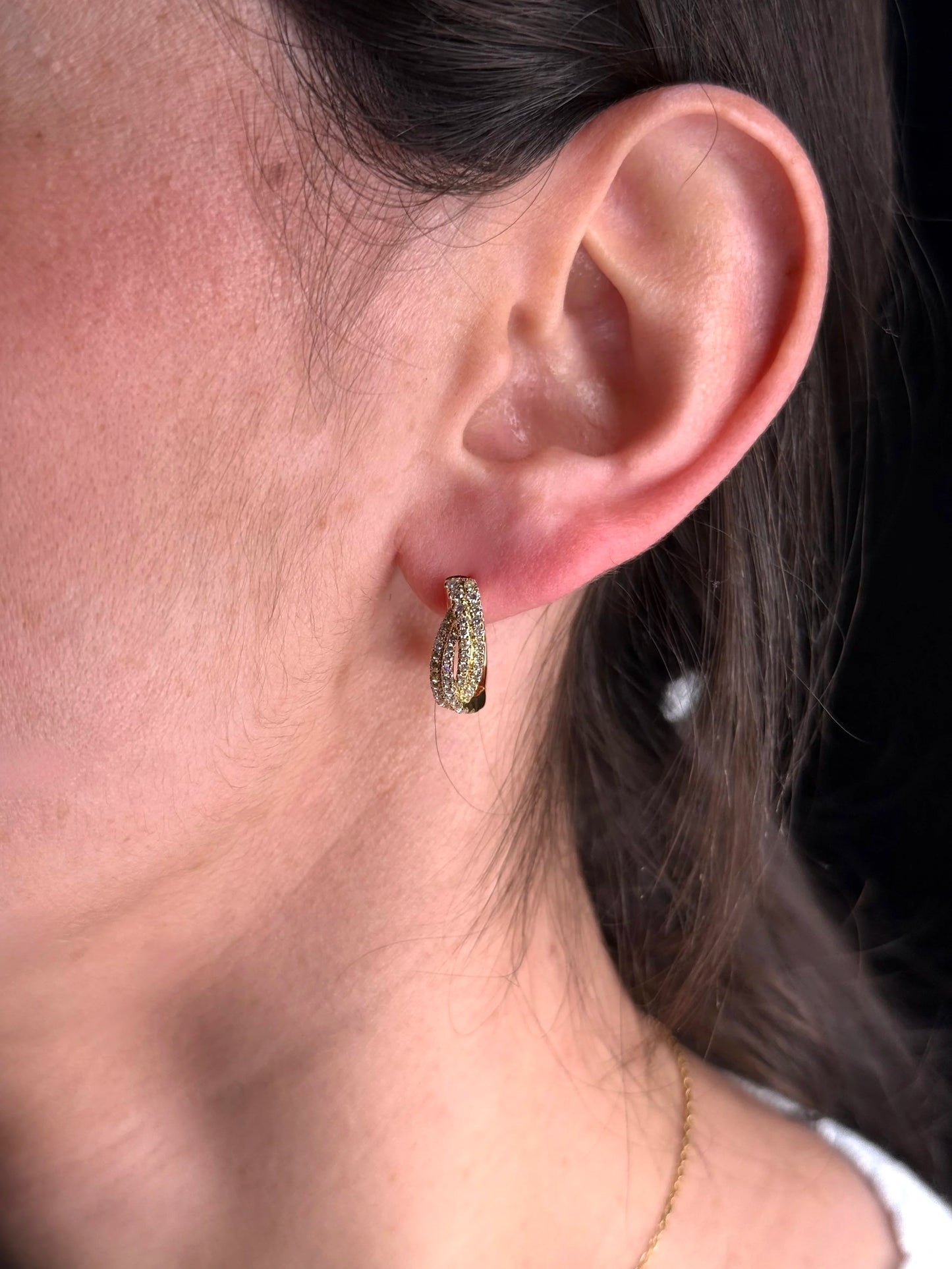 Ladies Yellow Gold Pave Set Twist Diamond Huggie