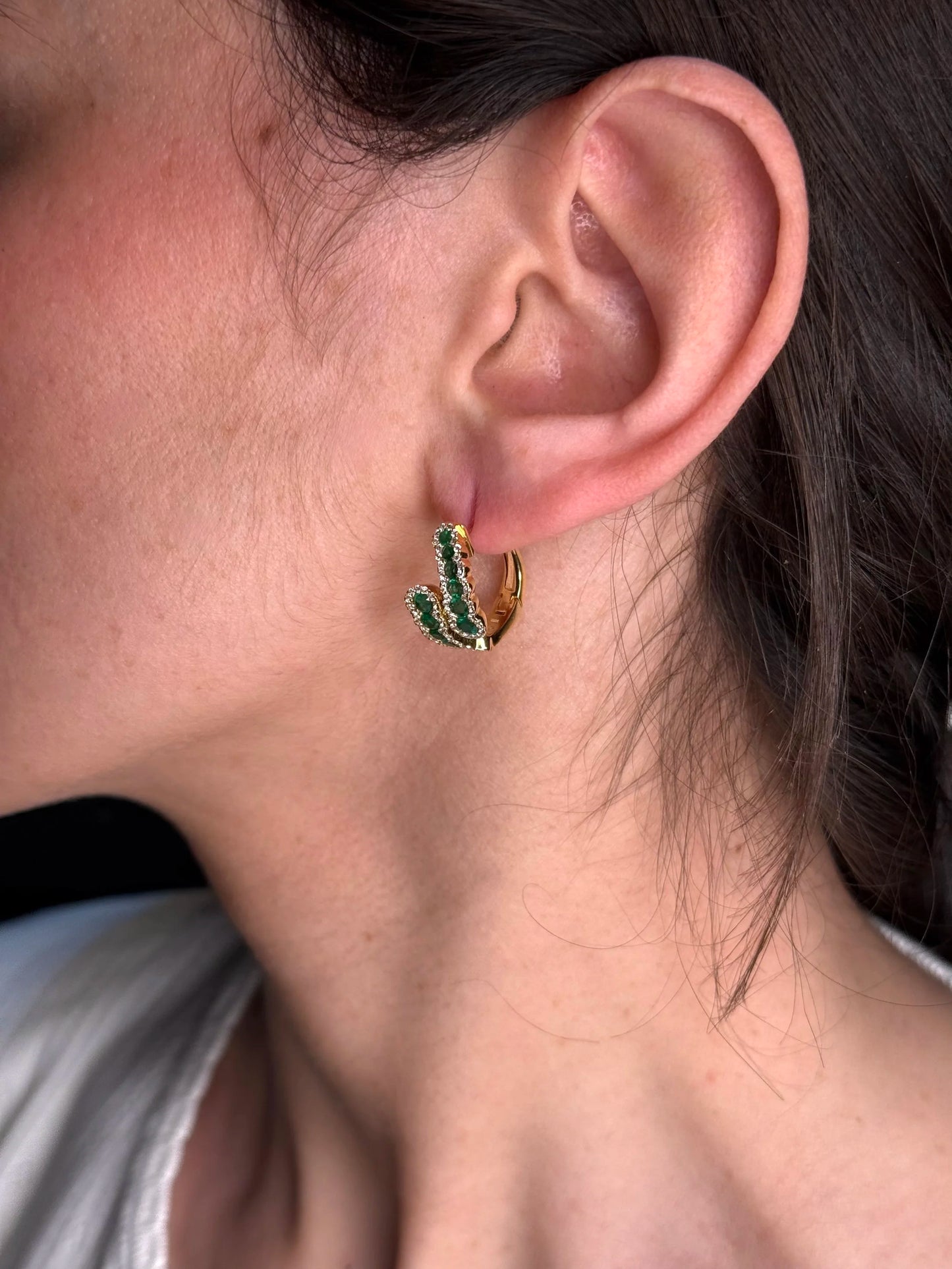 Ladies Side Cross Emerald Diamond Semi-Halo Earring