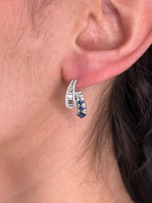 Ladies Fancy Sapphire, Round and Baguette Diamond Earring