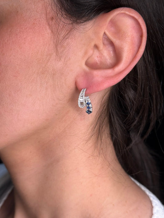 Ladies Fancy Sapphire, Round and Baguette Diamond Earring