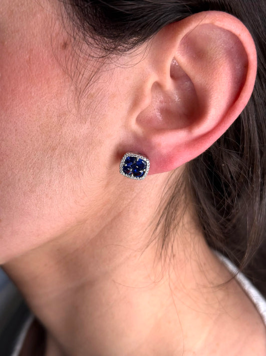 Ladies Oval and Princess Sapphire and Diamond Earrings